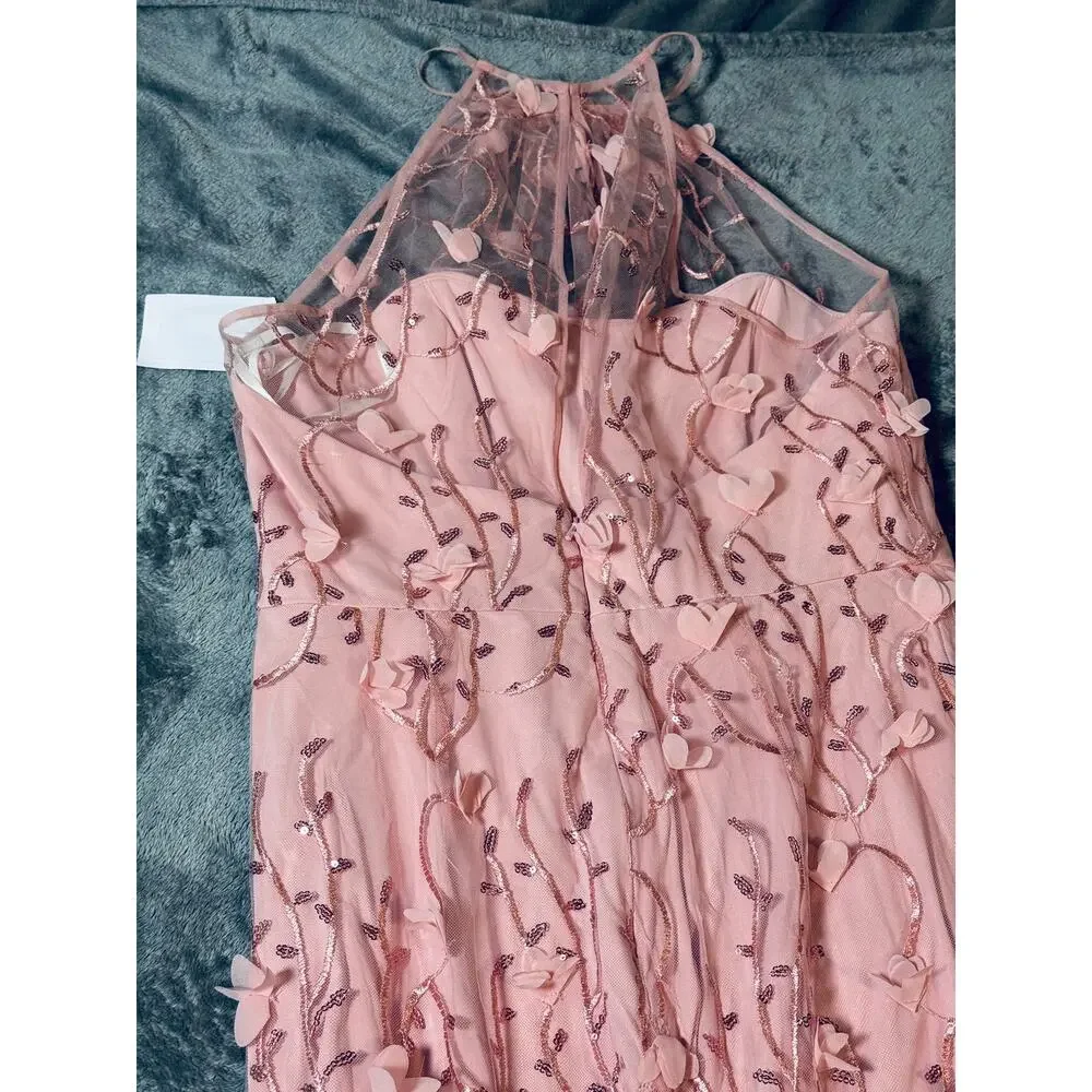 NWT Dessy SHEER HALTER NECK 3D FLORAL EMBROIDERED DRESS HIGH-LOW HEM Pink SZ 12 - Picture 11 of 12